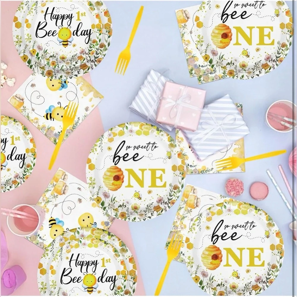 96Pcs Bee 1st Birthday, Plates & Napkins Tableware Sets, Party Decorations - NWT